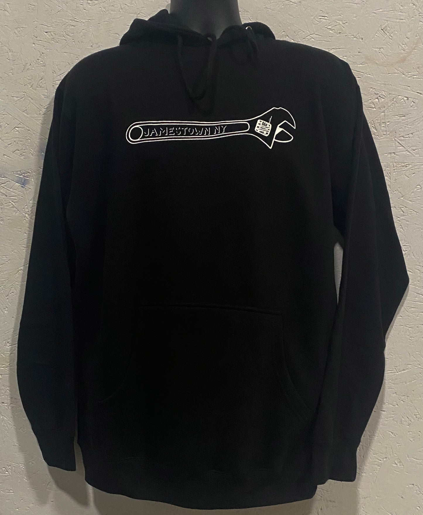 Jamestown NY Wrench Hoodie - Heavyweight Hooded Pullover Sweatshirt - White on Black