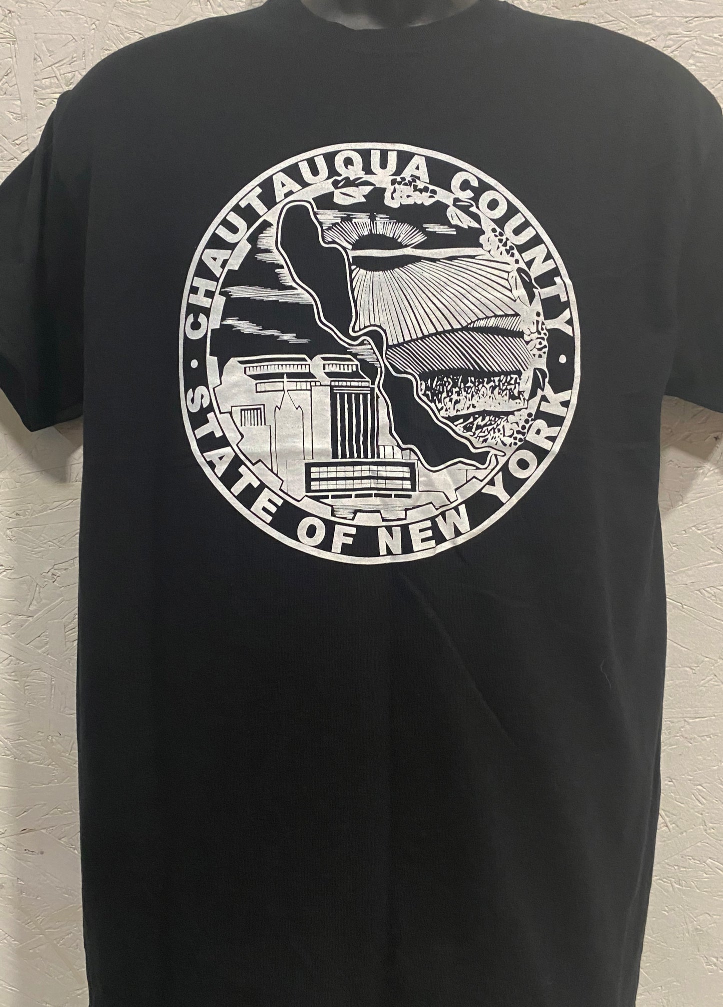 Chautauqua County Crest Tee - White on Black