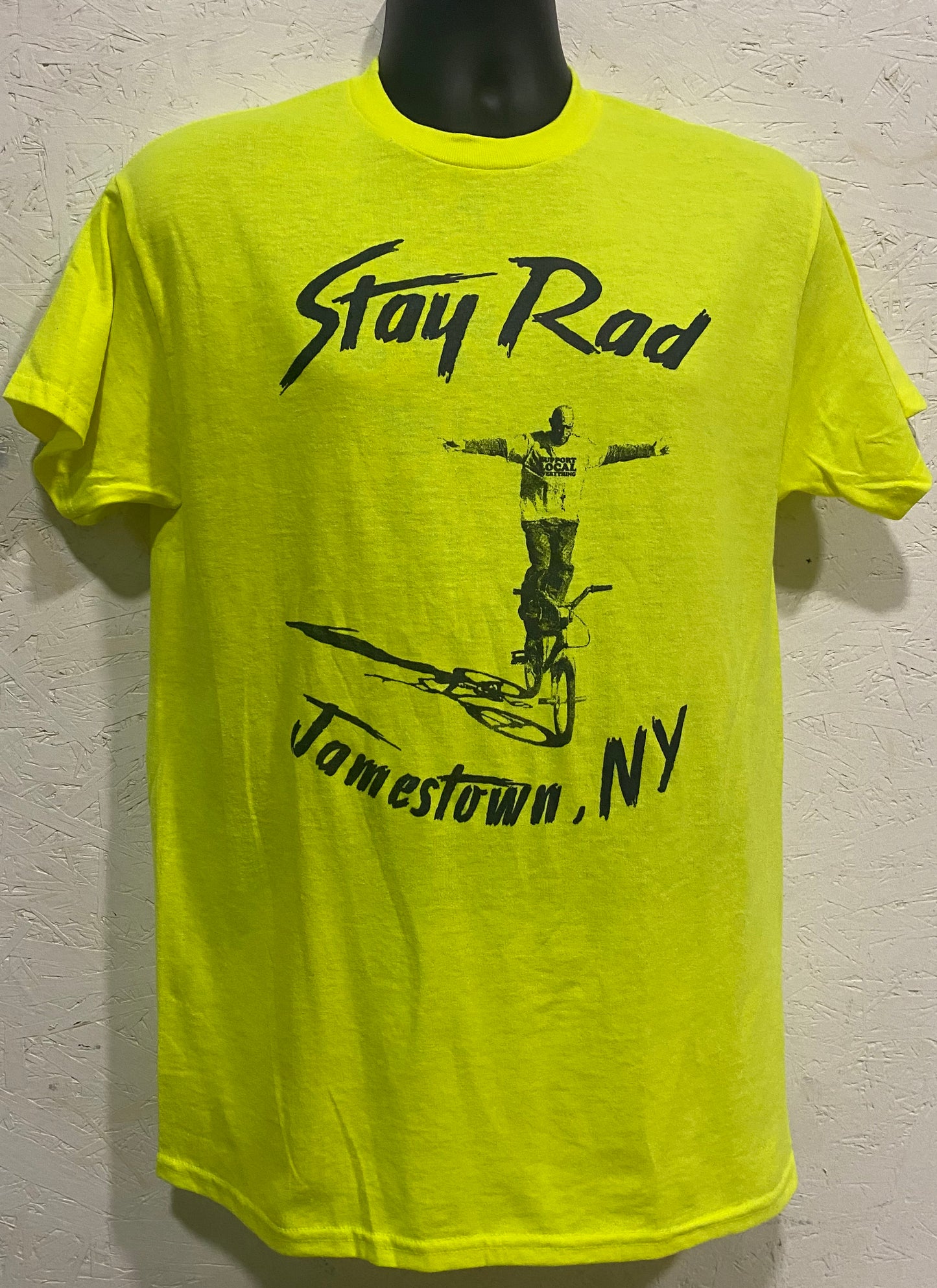 Jamestown NY STAY RAD tee - Black on Safety Yellow
