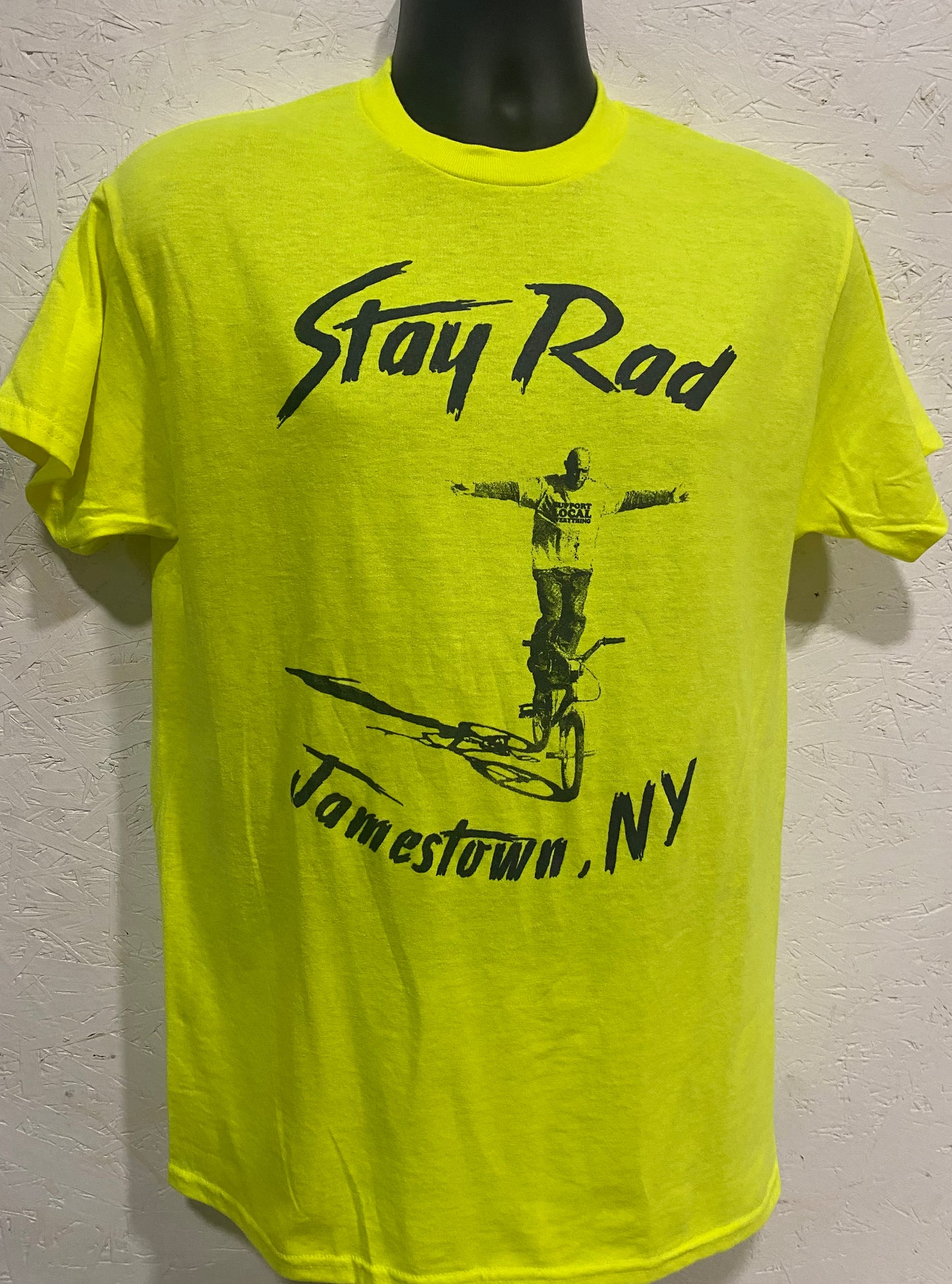 Jamestown NY STAY RAD tee - Black on Safety Yellow