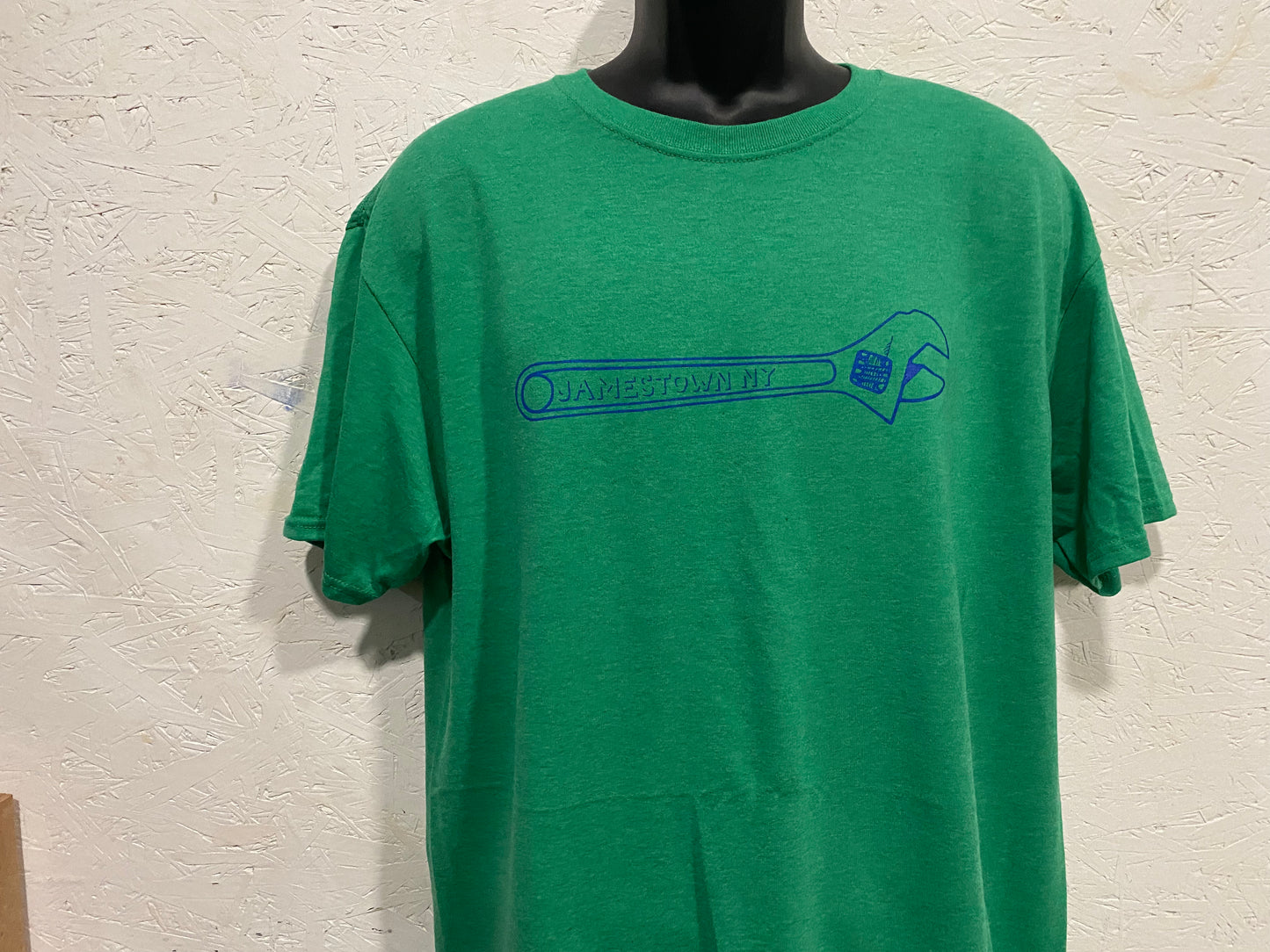Jamestown NY Wrench Tee - Royal Blue on Kelly Green