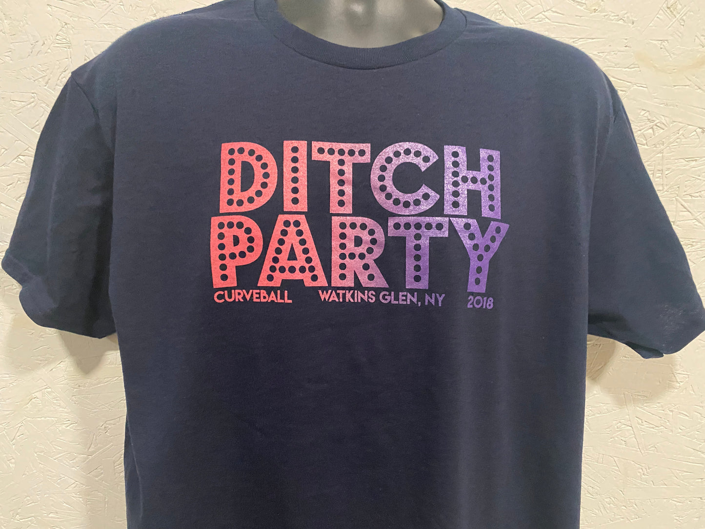 DITCH PARTY Commemorative Curveball tee - Watkins Glen NY 2018 - Pink/Purple on Navy