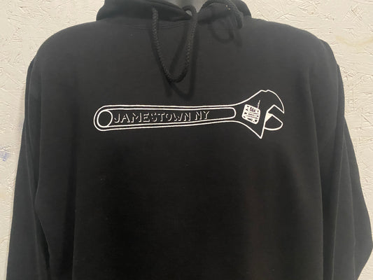 Jamestown NY Wrench Hoodie - Heavyweight Hooded Pullover Sweatshirt - White on Black