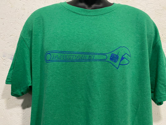 Jamestown NY Wrench Tee - Royal Blue on Kelly Green