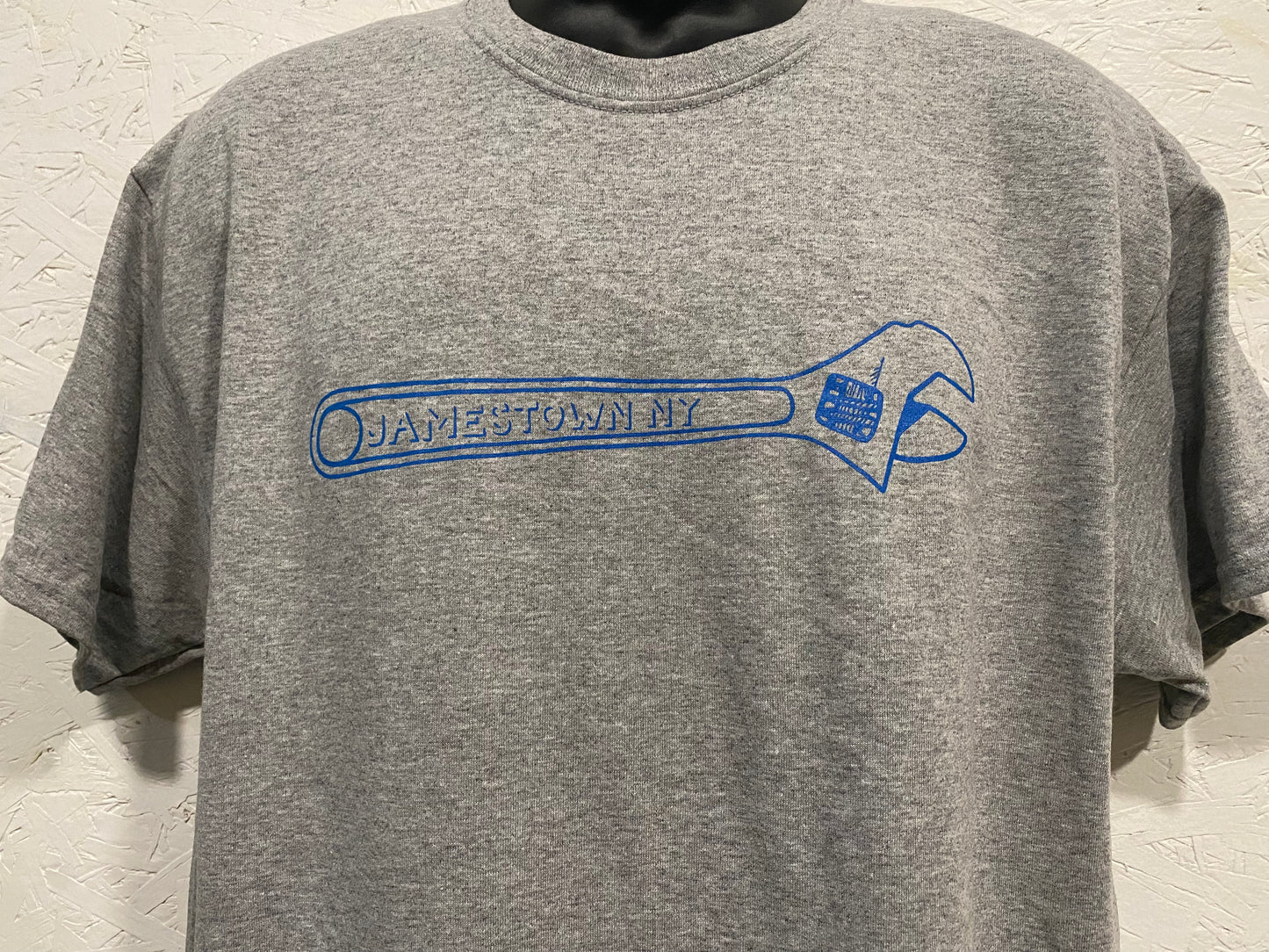 Jamestown NY Wrench Tee - Royal Blue on Heather Grey